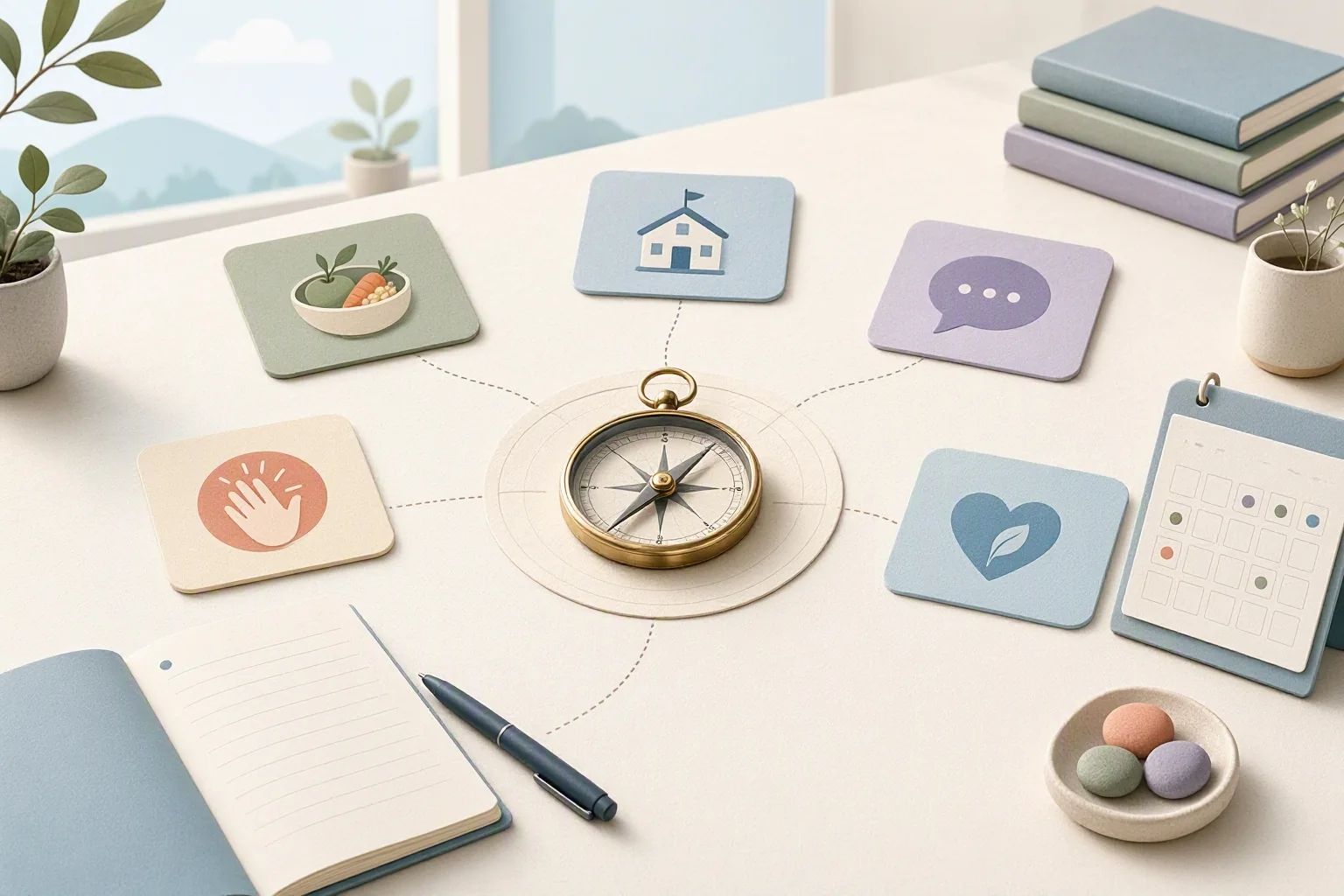 A compass, calendar, notebook, and connected cards representing a care pathway
