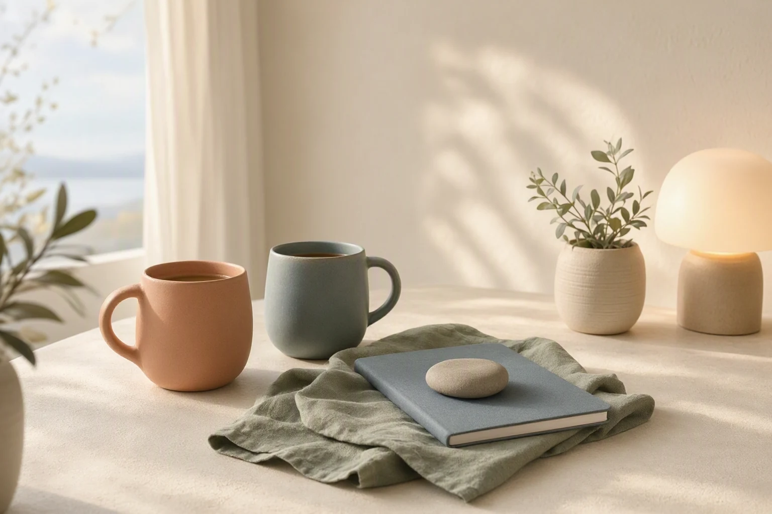 A quiet still life with warm mugs, a folded cloth, a notebook, a plant, and a softly glowing lamp