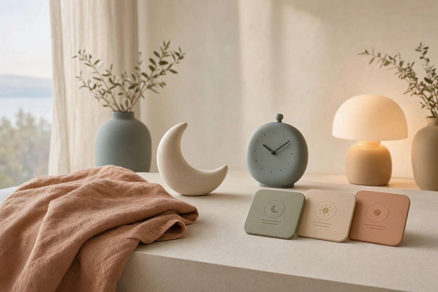 A softly lit room with a crescent moon ornament, quiet clock, lamp, and simple routine cards